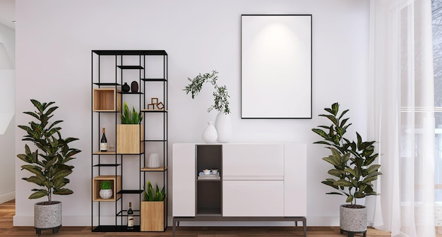 Design de interiores de sala de estar minimalista com maquete de moldura de pôster em branco