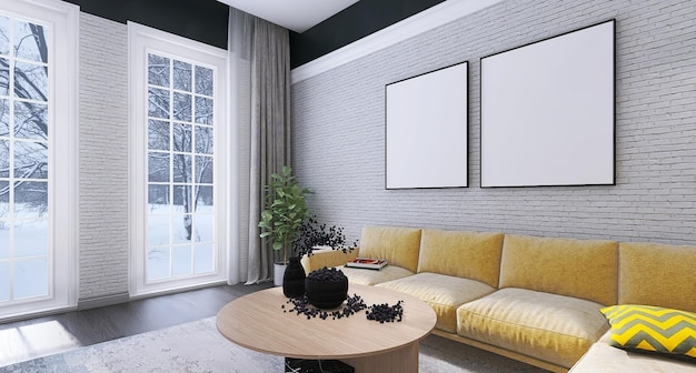 Design de interiores de sala de estar moderna com duas cortinas de maquete de moldura de foto e sofá