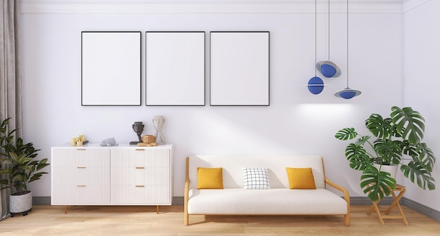 Design de interiores de sala de estar moderna com maquetes de moldura de três pôsteres