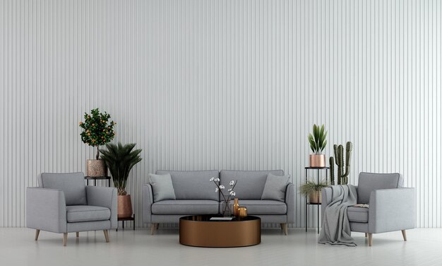 Design de interiores de sala de estar moderna e aconchegante e fundo de parede padrão branco