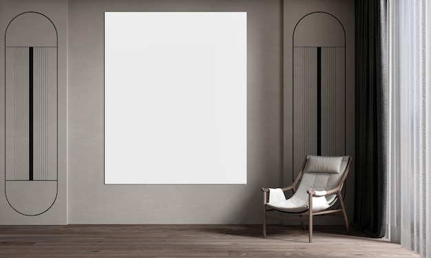 Design de interiores de sala de estar moderna e decoração simulada e moldura de tela no fundo da parede renderização 3d