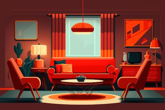Design de interiores de sala de estar vermelha moderna com poltrona de sofá e duas mesas laterais