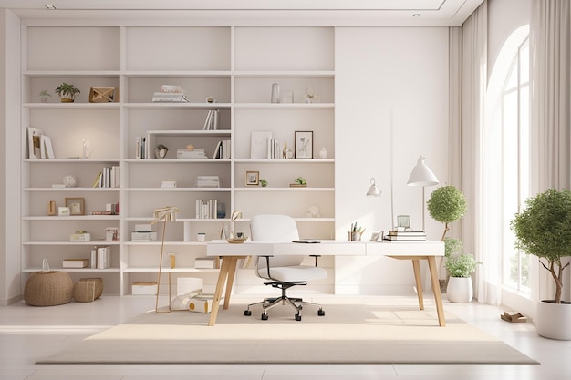 Design de interiores de sala de estudo em casa em conceito branco com prateleiras de livros de mesa de estudo e decorações renderização em 3d