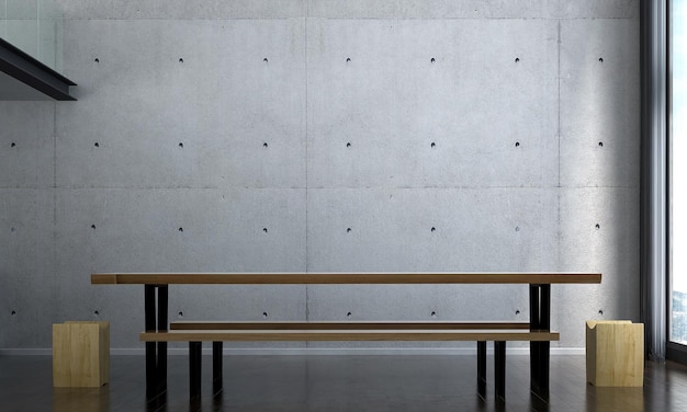 Design de interiores de sala de jantar loft e fundo de parede de textura de concreto