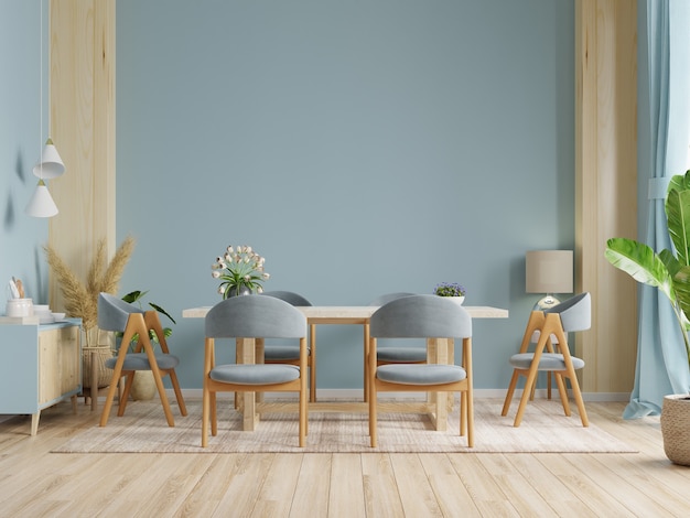 Design de interiores de sala de jantar moderna com parede de cor azul escura. renderização 3d