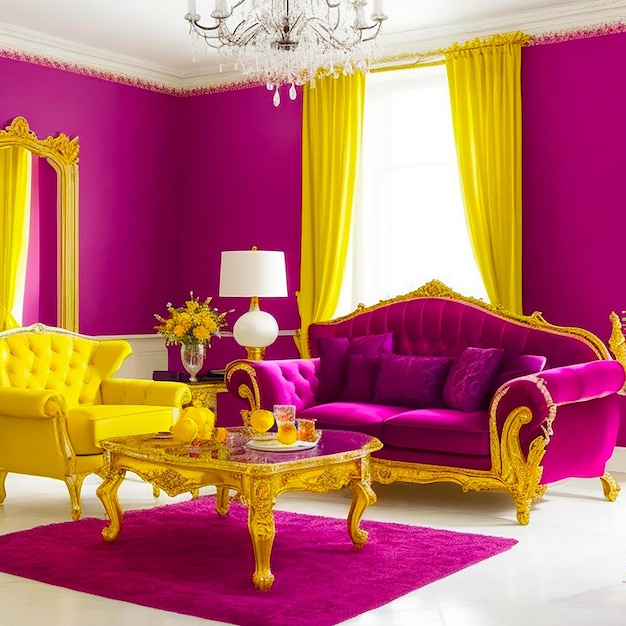 Design de interiores de sala de luxo com poltrona e mesa lilás gerada por IA