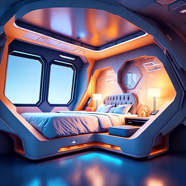 Foto design de interiores de superfície dura futurista de arte generativa de quarto de nave espacial por ai