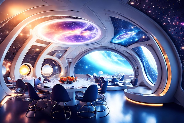 Foto design de interiores de superfície dura futurista de arte generativa de sala de jantar de nave espacial por ia