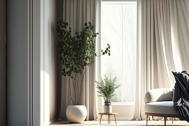 Design de interiores de um quarto moderno com cortinas e plantas