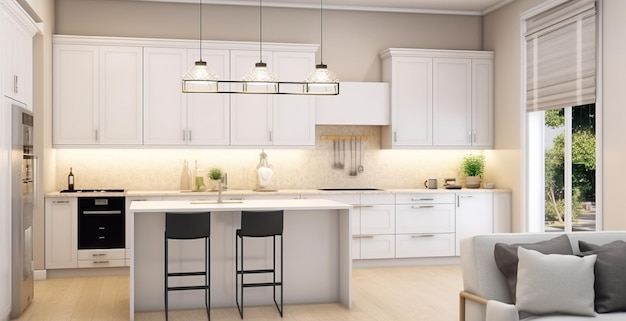 Design de interiores de uma cozinha branca em um fundo claro de estilo minimalista Soluções arquitetônicas para instalações geradas por IA