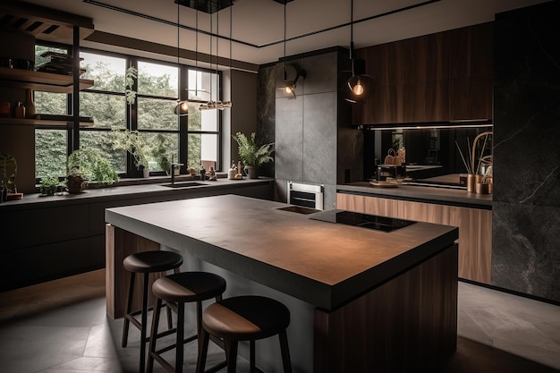 design de interiores de uma cozinha minimalista e moderna com plantas e iluminação suave Generative AI