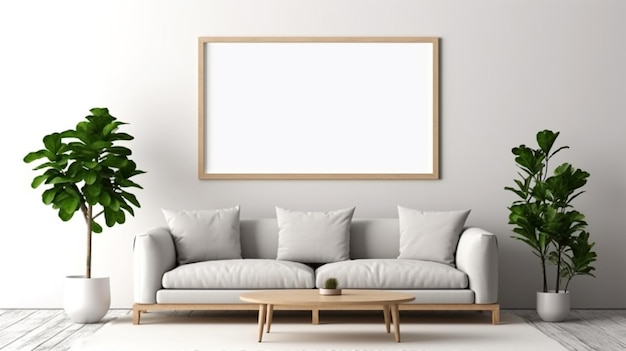 Design de interiores de uma sala de estar com um sofá, uma pintura e lâmpadas Generated AI