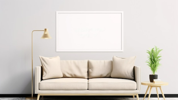 Design de interiores de uma sala de estar com um sofá, uma pintura e lâmpadas generated ai