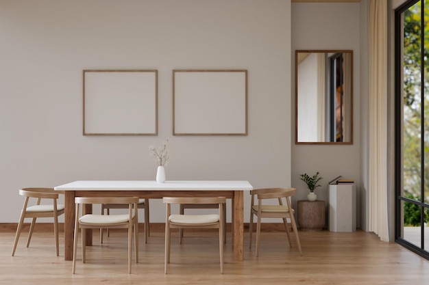 Design de interiores de uma sala de jantar escandinava minimalista com mesa de jantar de madeira