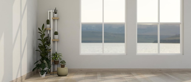 Design de interiores de uma sala vazia com piso de parquet de janela de prateleira de cacto e parede branca
