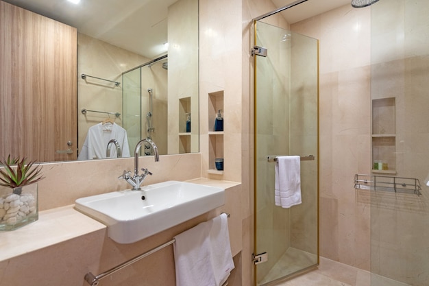 Design de interiores de villa, casa, casa, condomínio e apartamento com banheiro, vaso sanitário, chuveiro e lavatório