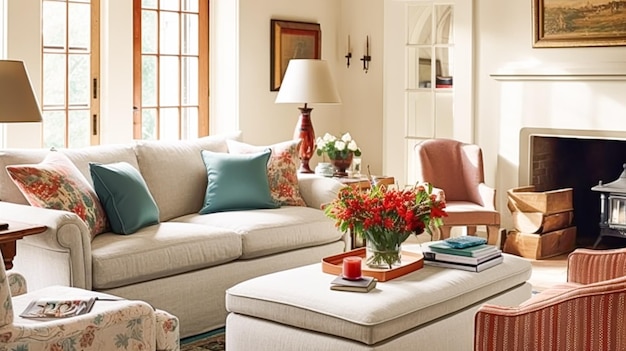 Design de interiores decoração de casa sala de estar e sala de estar sofá branco e móveis em casa de campo inglesa e ideia elegante de estilo chalé