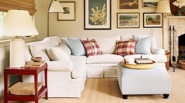 Design de interiores decoração de casa sala de estar e sala de estar sofá branco e móveis em estilo de casa de campo inglesa e elegante casa de campo