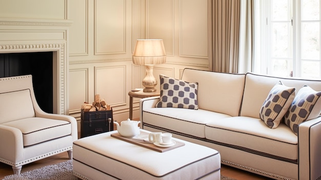 Design de interiores decoração de casa sala de estar e sala de estar sofá branco e móveis em inglês casa de campo e elegante ideia de estilo de casa de campo