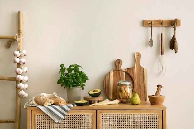 Design de interiores do espaço da cozinha com escada de cômoda de vime ervas vegetais alimentos e acessórios de cozinha na decoração de casa moderna Modelo