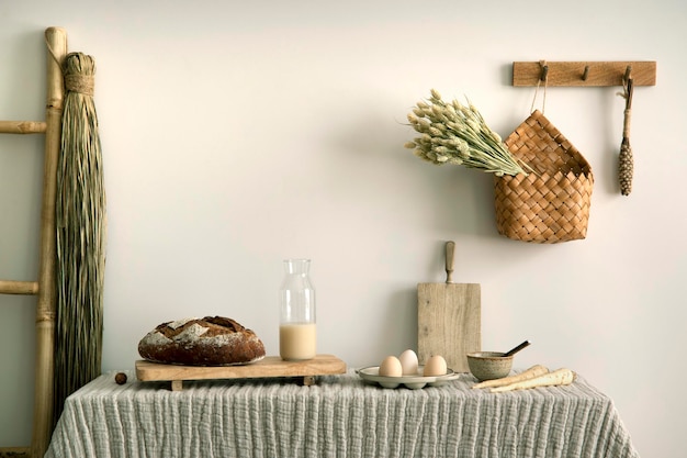 Design de interiores do espaço da cozinha com mesa com toalha de mesa escada ruibarbo legumes alimentos e acessórios de cozinha na decoração de casa moderna modelo