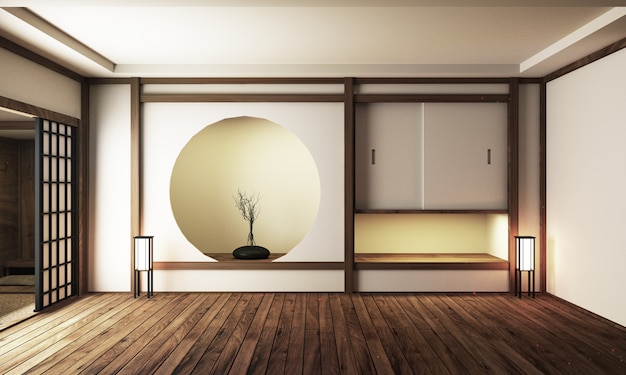 Design de interiores do japão, moderna sala de estar. ilustração 3d, rendição 3d