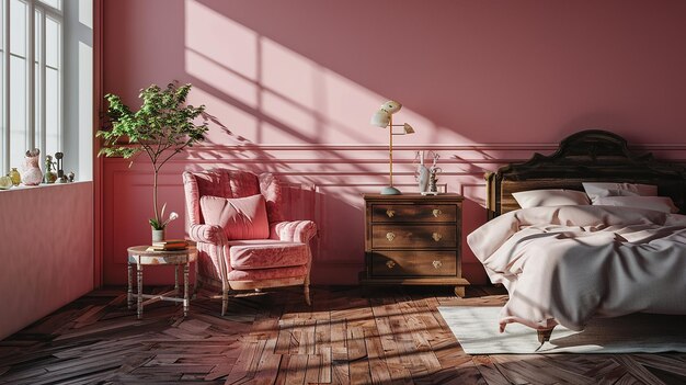 Design de interiores do quarto estética mínima 3d renderizada