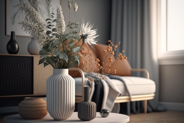 Design de interiores escandinavo de uma sala de estar com um vaso de flores e elegantes acessórios pessoais AI Art