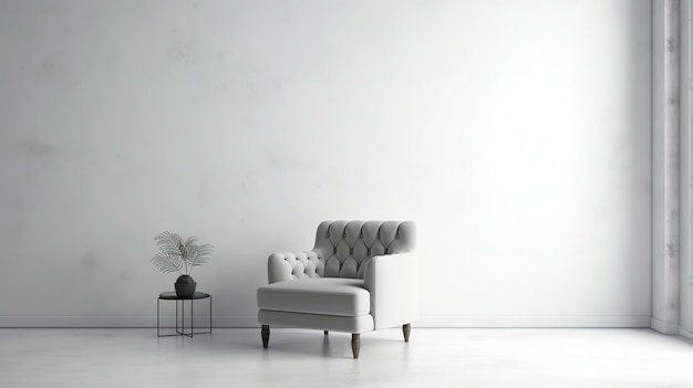 Design de interiores minimalista com fundo de parede branca e poltrona chique