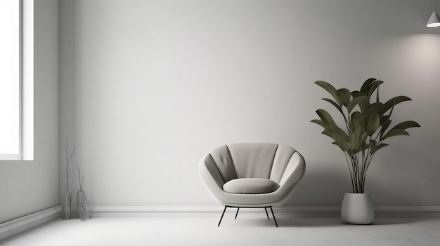 Design de interiores minimalista com fundo de parede branca e poltrona chique