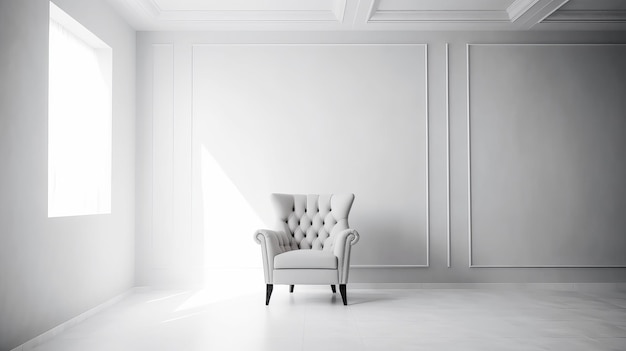 Design de interiores minimalista com fundo de parede branca e poltrona chique