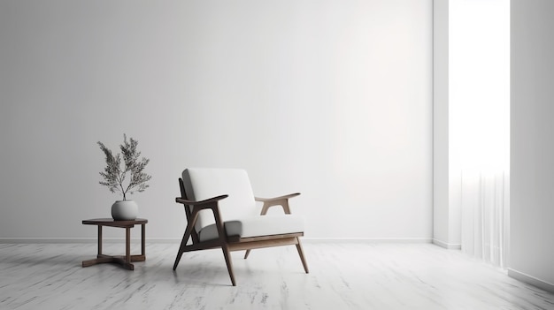 Design de interiores minimalista com fundo de parede branca e poltrona chique