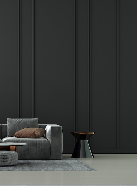 design de interiores minimalista de sala de estar e fundo de parede preto