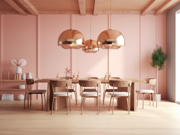 Design de interiores minimalista de uma moderna sala de jantar em tons de rosa claro, decorada com móveis simples, com mesa e cadeiras de madeira Generative AI