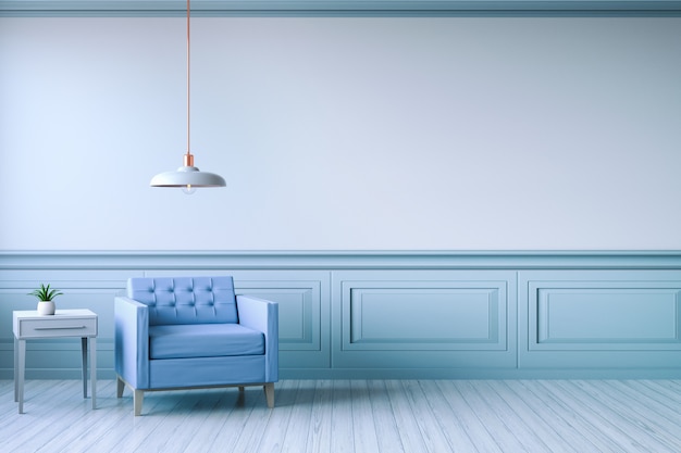 Design de interiores minimalista, poltrona azul claro com abajur branco