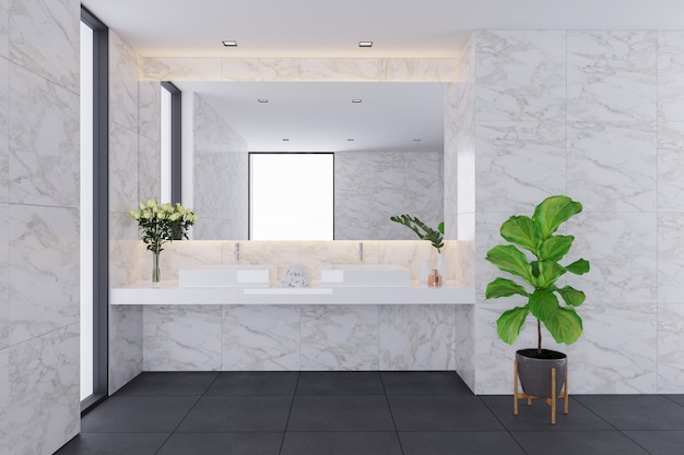 Design de interiores moderno, banheiro branco com pia de mármore. Render 3d