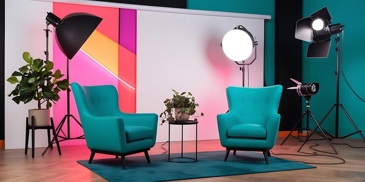 Foto design de interiores moderno com iluminação de néon e equipamento fotográfico profissional