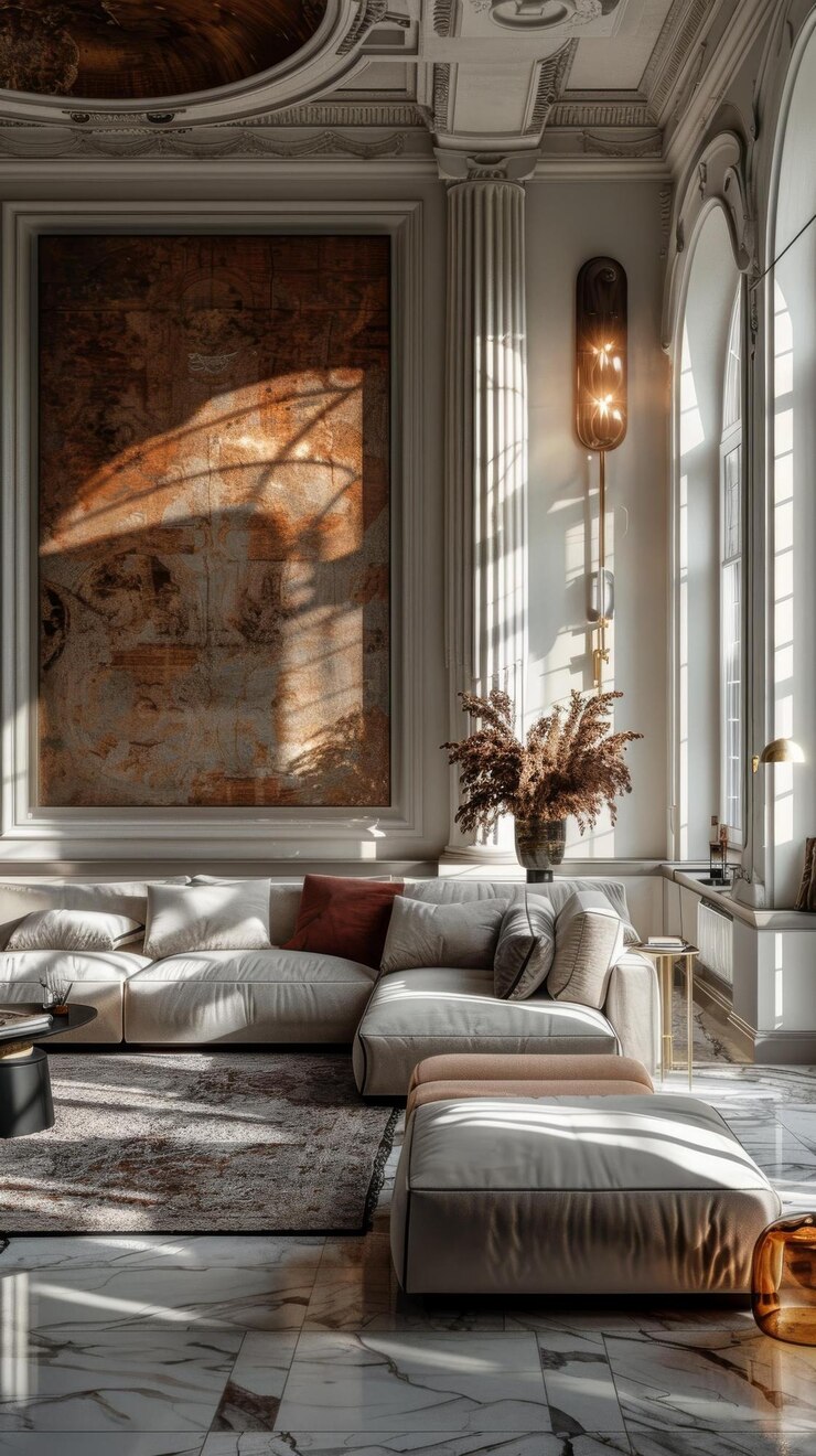 Design de interiores moderno com sofá branco e raios de sol