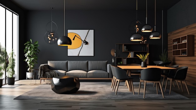 Design de interiores moderno com um sofá preto generative ai ai generated