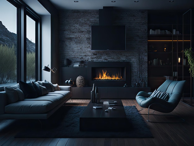 Design de interiores moderno da sala de estar com janela ai generativa