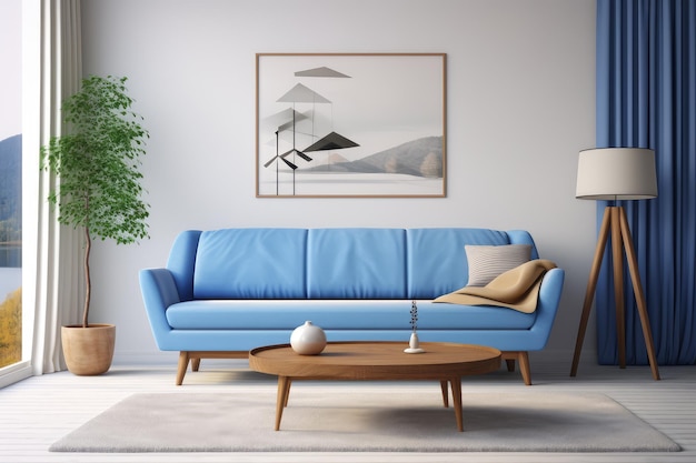 Design de interiores moderno de sala de estar com sofá azul