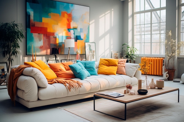 design de interiores moderno de sala de estar com sofá e poltrona