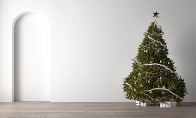 Design de interiores moderno e aconchegante de uma bela sala de estar vazia, árvore de natal e parede branca