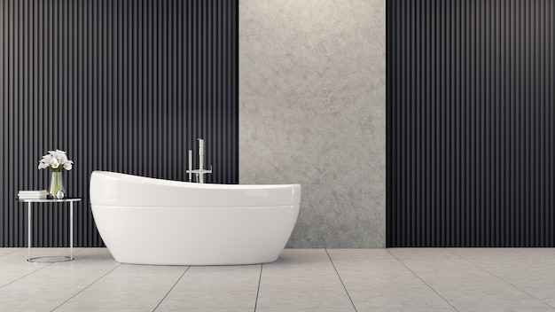 Design de interiores moderno e Loft banheiro, banheira branca é perto de flor na mesa na parede de sarrafos pretos