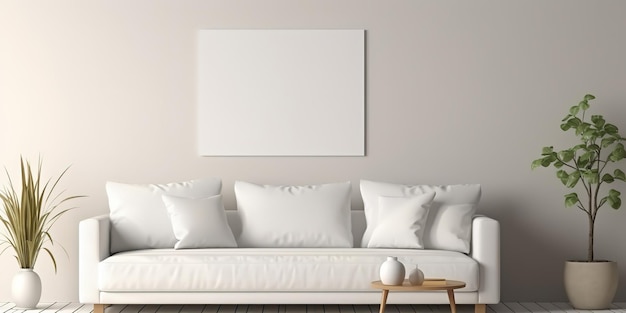Design de interiores moderno na sala de estar com sofá branco e área de estar