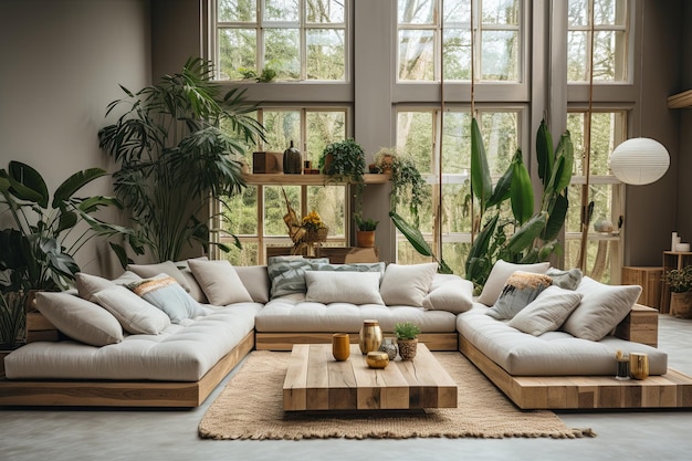 Design de interiores modernos com sofá e travesseiros de fundo renderização 3D