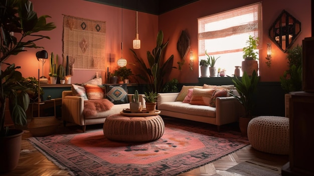 Design de interiores modernos com sotaque sofá aconchegante e móveis de mesa IA generativa