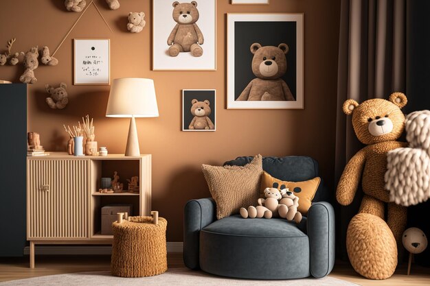 Design de interiores para um moderno quarto infantil escandinavo com brinquedos um ursinho de pelúcia brinquedos de pelúcia um sofá de vime decorações de móveis e acessórios para crianças Na parede há madeira marrom