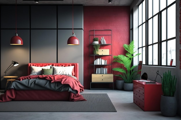 Design de interiores para um quarto na cor loft vermelho