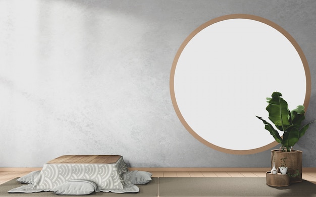 Design de janela circular em design de interiores japonês de quarto tropical